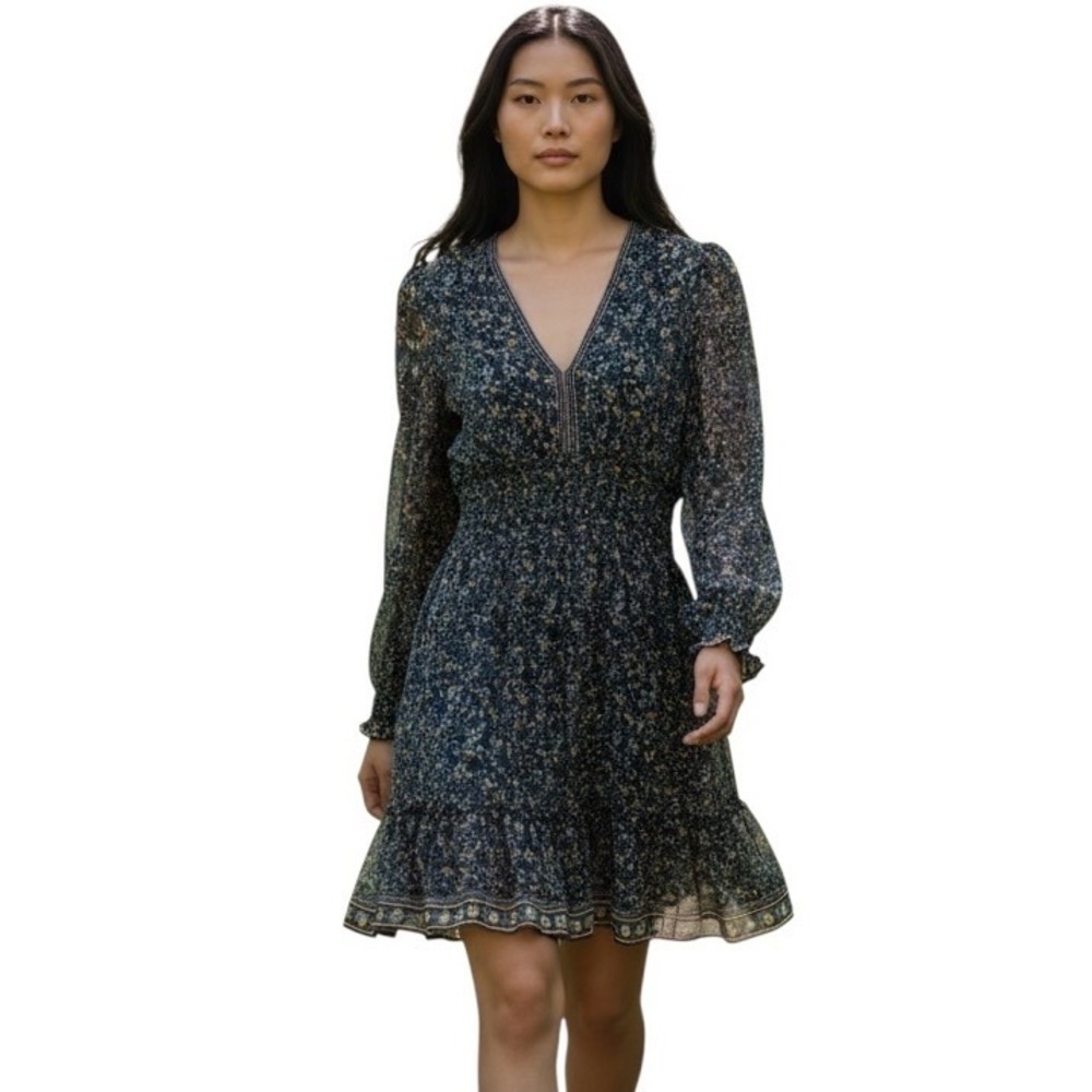 Max Studio Ditzy Floral Mini Dress Navy Blue Chiffon Boho Whimsical Garden Party